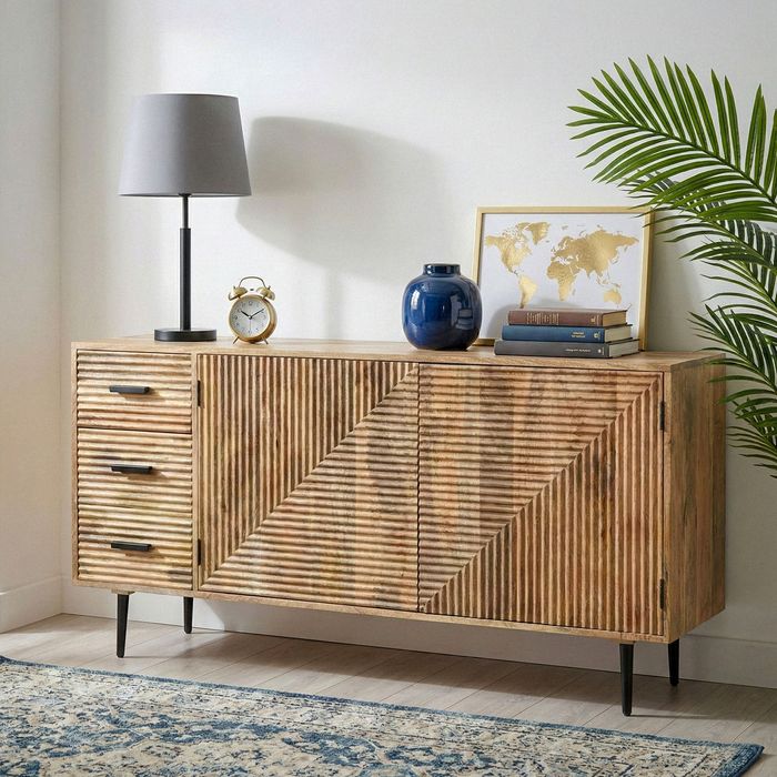 FineBuy Sideboard Mango Massivholz 160cm - Kommode mit 2 Türen und 3 Schubladen - Flurschrank Wohnzimmerschrank mit Metallbeine - Design Anrichte - Standschrank Modern Handmade