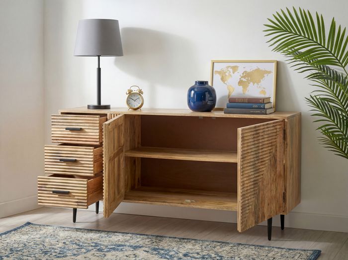 FineBuy Sideboard Mango Massivholz 160cm - Kommode mit 2 Türen und 3 Schubladen - Flurschrank Wohnzimmerschrank mit Metallbeine - Design Anrichte - Standschrank Modern Handmade