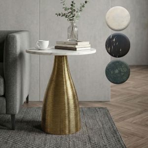 FineBuy Beistelltisch Rund 40cm Gold mit Massiver Marmorplatte - Wohnzimmertisch Naturstein Anstelltisch - Sofatisch Design Metall Couchtisch - Wohnzimmer Tisch Modern Handmade
