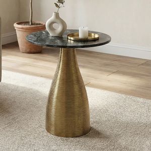 FineBuy Beistelltisch Rund 40cm Gold mit Massiver Marmorplatte - Wohnzimmertisch Naturstein Anstelltisch - Sofatisch Design Metall Couchtisch - Wohnzimmer Tisch Modern Handmade