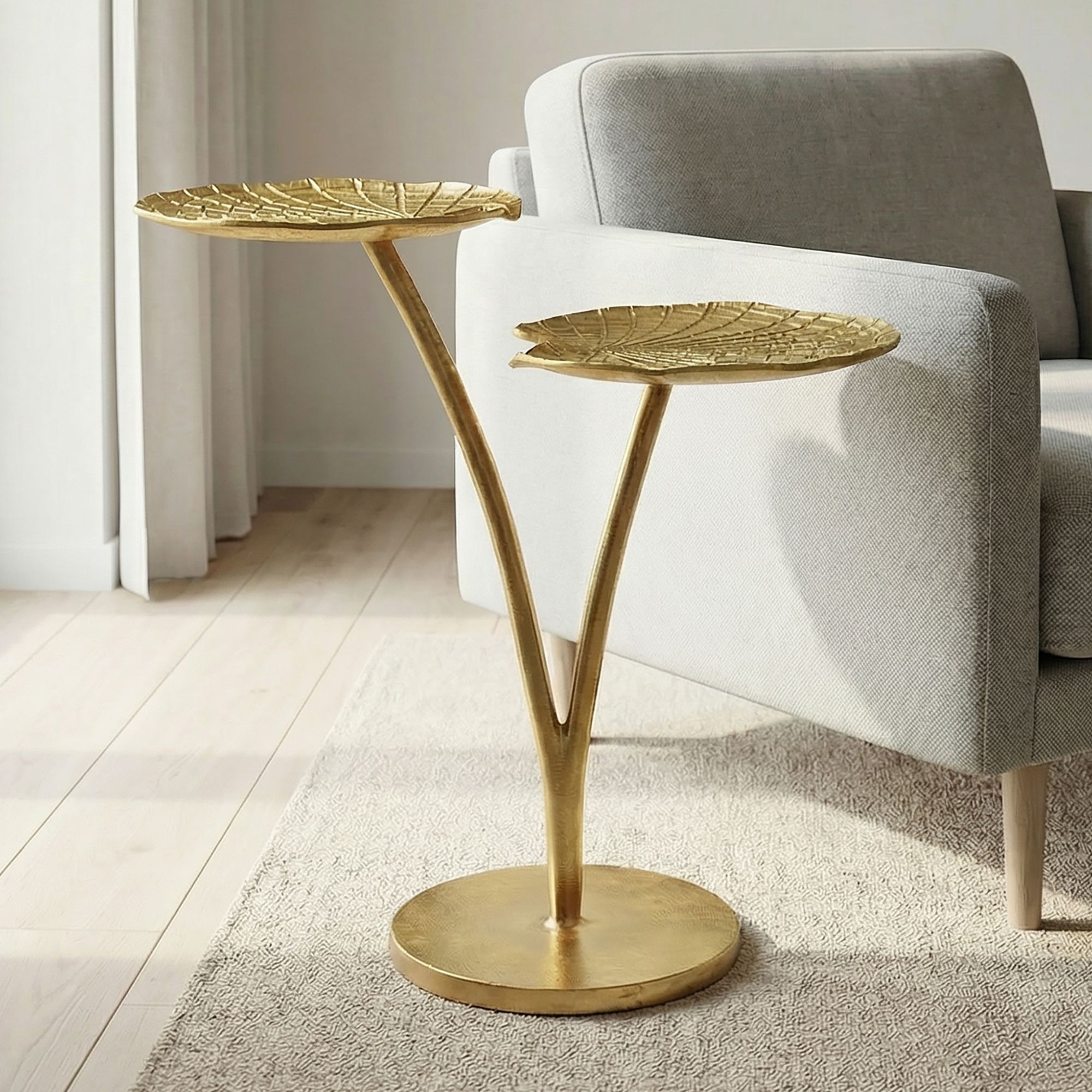 Beistelltisch Gold 57cm Alu Anstelltisch Blatt Wohnzimmertisch Couchtisch Rund – Ansicht 1