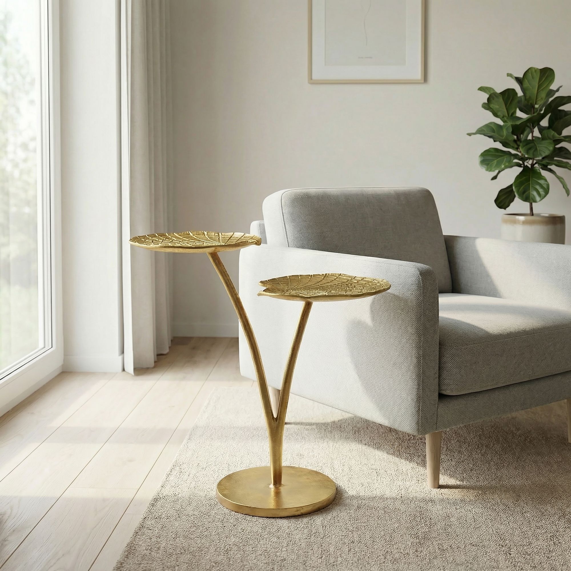 Beistelltisch Gold 57cm Alu Anstelltisch Blatt Wohnzimmertisch Couchtisch Rund – Ansicht 2