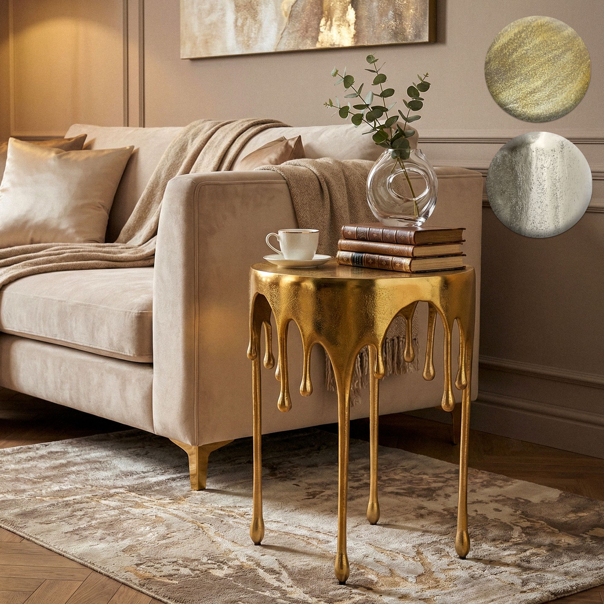 FineBuy Beistelltisch 43cm Aluminium Tisch Rund - Design Anstelltisch Alu Modern - Wohnzimmertisch Metall Tropfen - Metalltisch Dekotisch Couchtisch Handmade