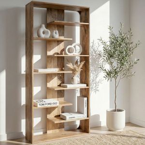 FineBuy Bücherregal 200cm Mango Massivholz - Offenes Standregal Groß - Raumteiler Holzregal Modern - Wohnzimmer Regal - Stauraumregal Wohnregal Design - Dekoregal Natur Handmade