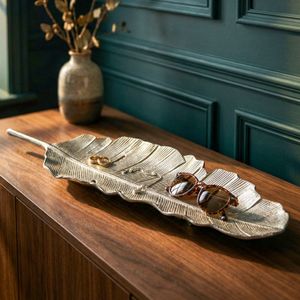 FineBuy Dekoschale Blatt Aluminium Silber Schale - Design Tischdeko Metall Wohnzimmer - Alu Wohnaccessoire Modern - Metallschale Dekoration - Aluschale lang Handmade
