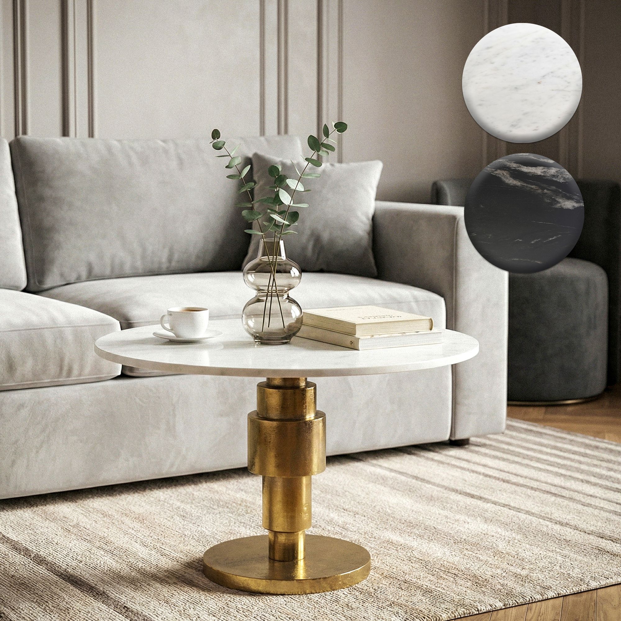 FineBuy Couchtisch Gold 60cm mit Marmor Tischplatte - Wohnzimmertisch rund - Sofatisch Alu modern - Beistelltisch Aluminium - Design Tisch Wohnzimmer Metallgestell Handmade