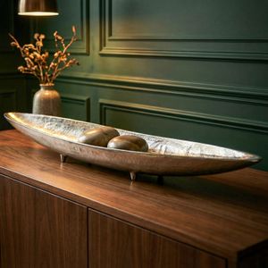 FineBuy Dekoschale Silber Aluminium Schale - Design Tischdeko Metall Wohnzimmer - Alu Wohnaccessoire Modern - Metallschale Dekoration - Aluschale lang schmal Handmade