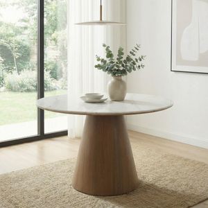 FineBuy Esstisch rund 120cm mit weißer Sinterstein Tischplatte in Marmor Optik - Esszimmertisch Küchentisch für 6 Personen modern - Design Tisch Metallgestell Walnuss-Optik Esszimmer Küche