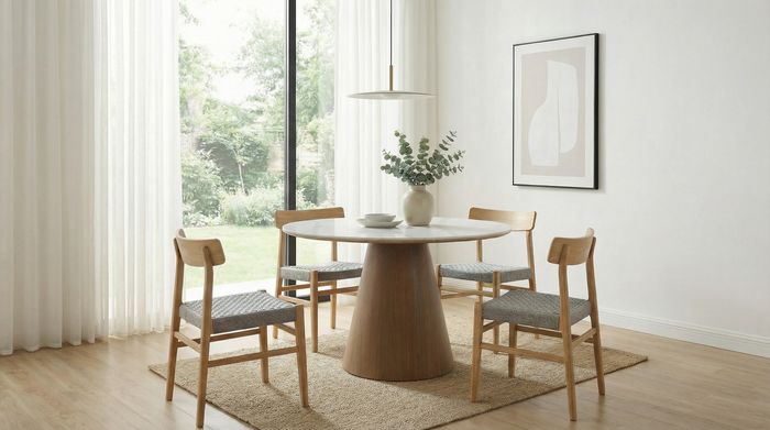 FineBuy Esstisch rund 120cm mit weißer Sinterstein Tischplatte in Marmor Optik - Esszimmertisch Küchentisch für 6 Personen modern - Design Tisch Metallgestell Walnuss-Optik Esszimmer Küche