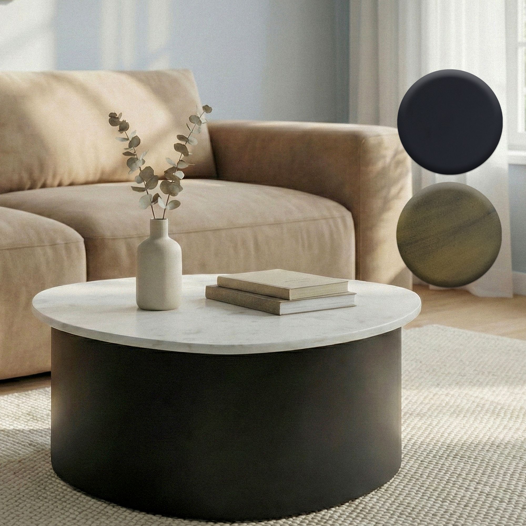 FineBuy Couchtisch 63cm mit weißer Marmor Tischplatte - Wohnzimmertisch Alu organische Form - Sofatisch Aluminium modern - Design Beistelltisch Metallgestell Handmade