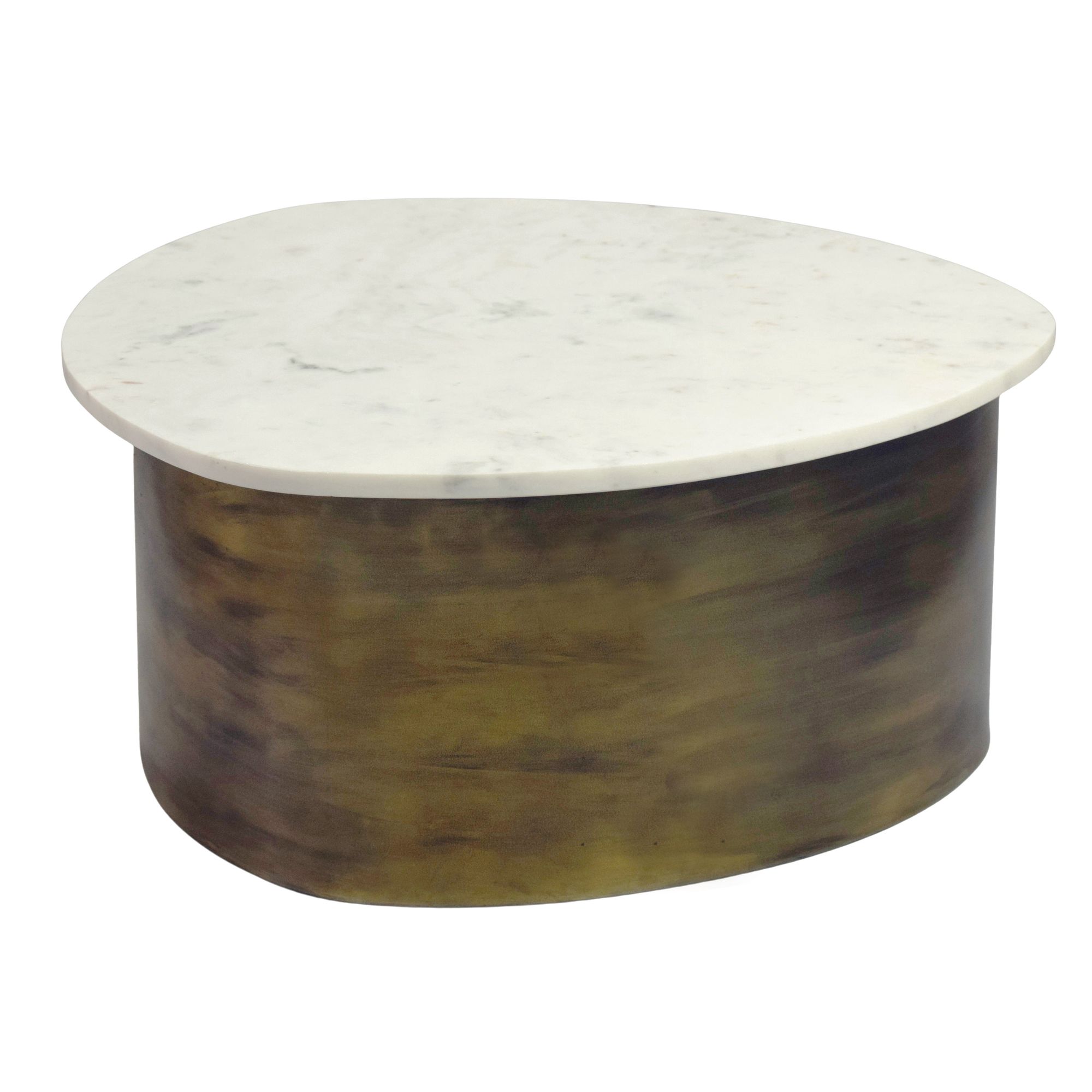 FineBuy Couchtisch 63cm mit weißer Marmor Tischplatte - Wohnzimmertisch Alu organische Form - Sofatisch Aluminium modern - Design Beistelltisch Metallgestell Handmade