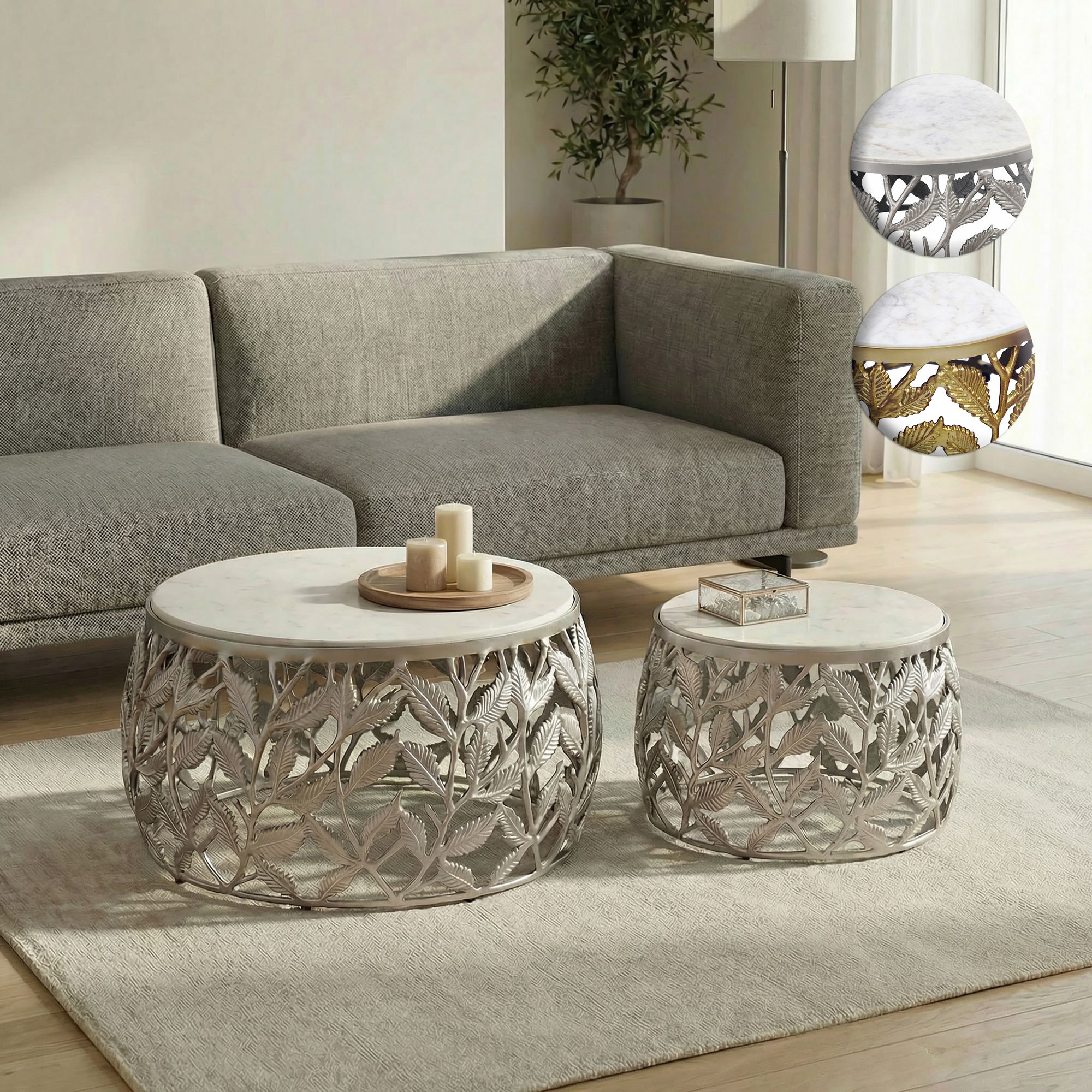 FineBuy 2er Set Couchtisch mit weißer Marmor Tischplatte - Wohnzimmer Tisch Satztisch rund - Beistelltisch Alu modern - Sofatisch Set Aluminium Metallgestell Design Handmade