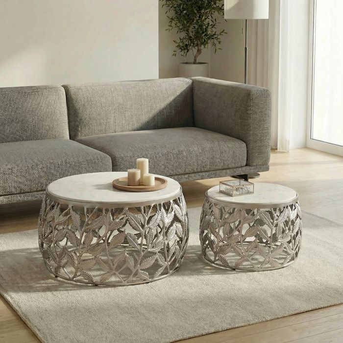 2er Set Couchtisch Marmor Metall rund Wohnzimmertisch Beistelltisch Satztisch