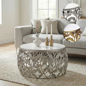 FineBuy Couchtisch 60cm mit weißer Marmor Tischplatte - Wohnzimmertisch rund - Sofatisch modern - Beistelltisch Aluminium - Design Beistelltisch Wohnzimmer Metallgestell Handmade