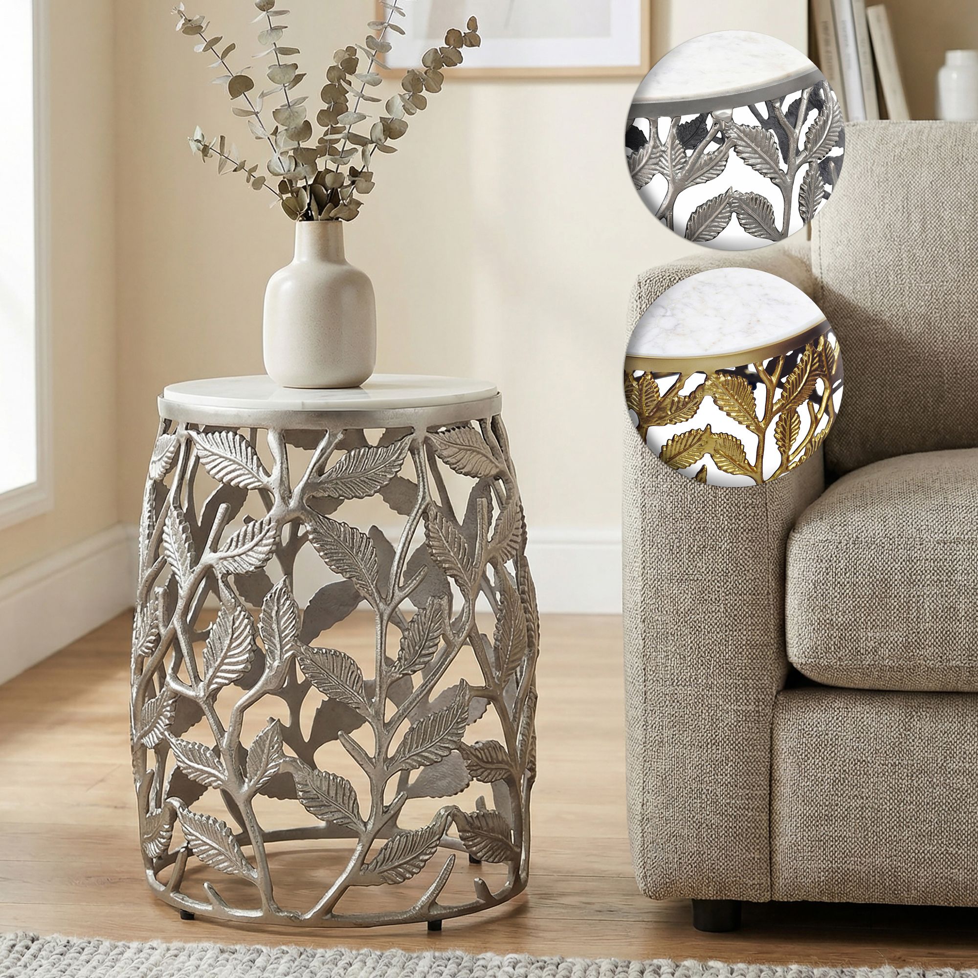 FineBuy Beistelltisch 40cm mit weißer Marmor Tischplatte - Couchtisch klein rund - Sofatisch Alu modern - Wohnzimmertisch Aluminium - Design Tisch Metallgestell Handmade