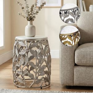 FineBuy Beistelltisch 40cm mit weißer Marmor Tischplatte - Couchtisch klein rund - Sofatisch Alu modern - Wohnzimmertisch Aluminium - Design Tisch Metallgestell Handmade