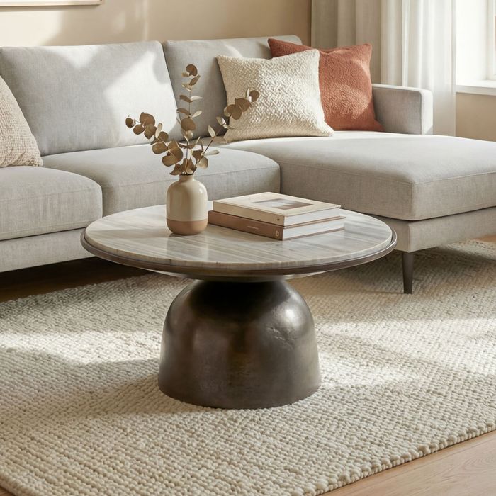 FineBuy Couchtisch 60cm Aluminium mit weißer Marmor Tischplatte - Runder Wohnzimmertisch - Design Sofatisch - Moderner Loungetisch - Edler Beistelltisch Wohnzimmer Handmade
