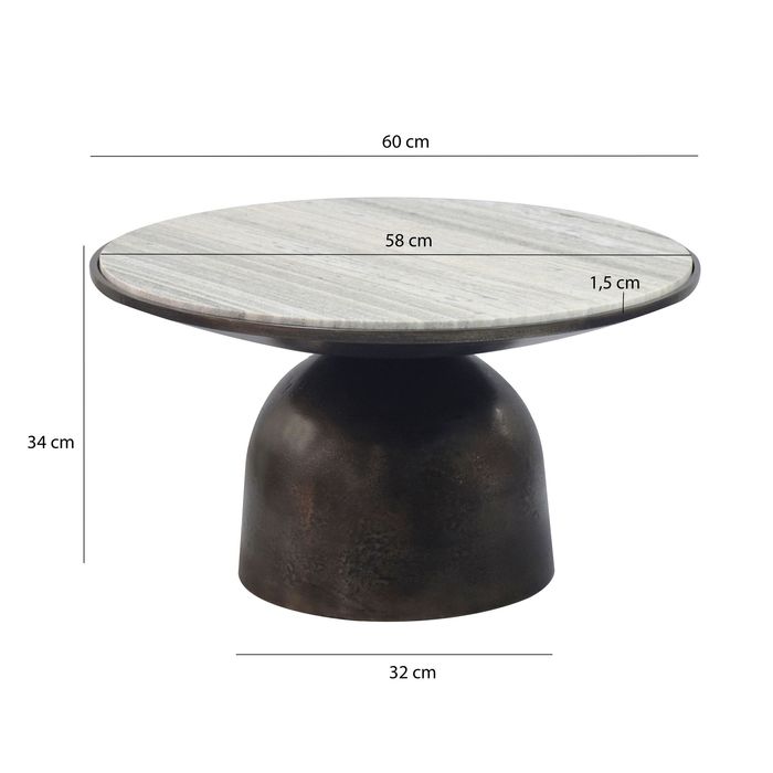 Couchtisch mit Marmor Platte weiß Wohnzimmertisch Sofatisch Metall rund 60cm – Maßzeichnung