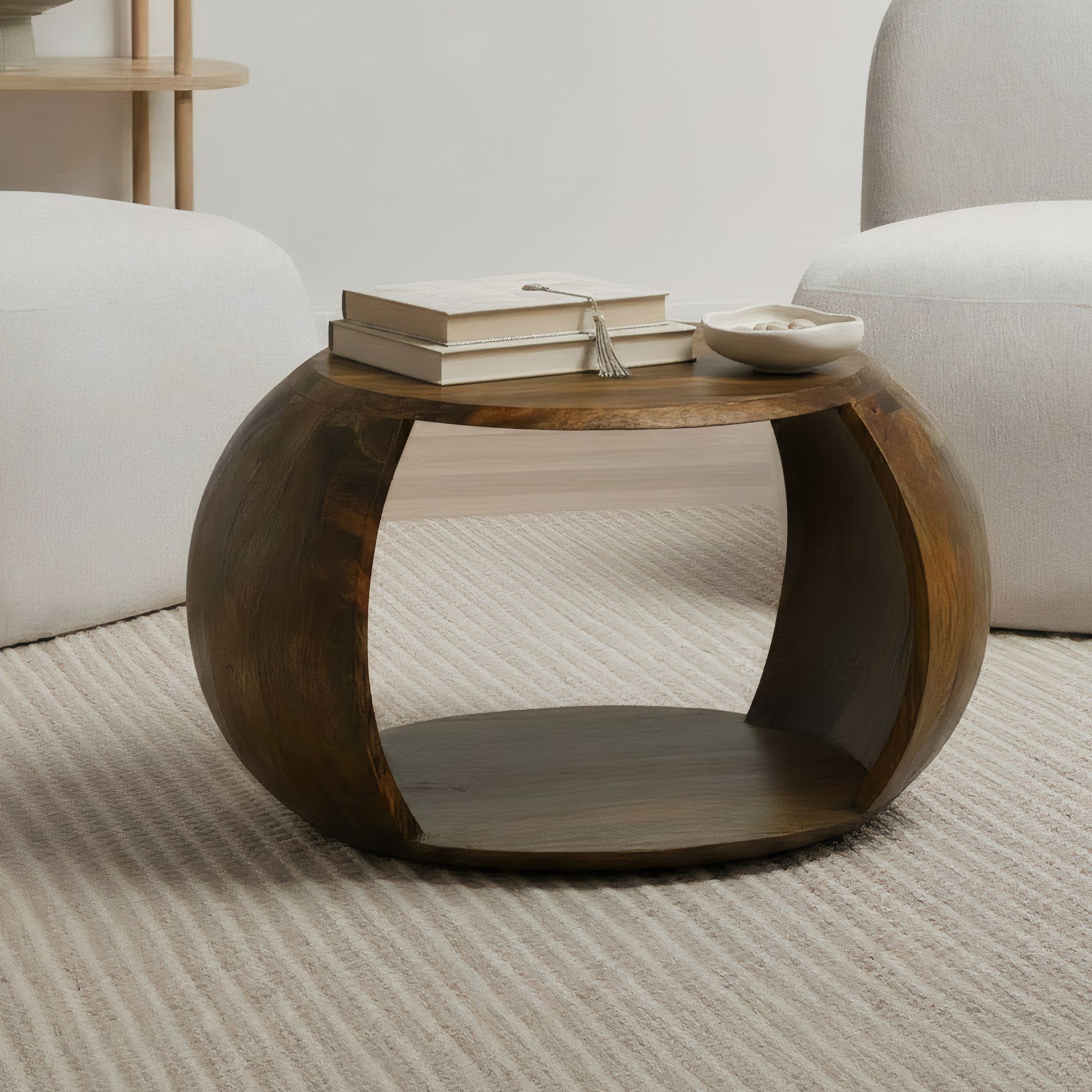Couchtisch Mango Massivholz rund 60 cm Wohnzimmertisch Ablagefach Landhaus – Ansicht 1