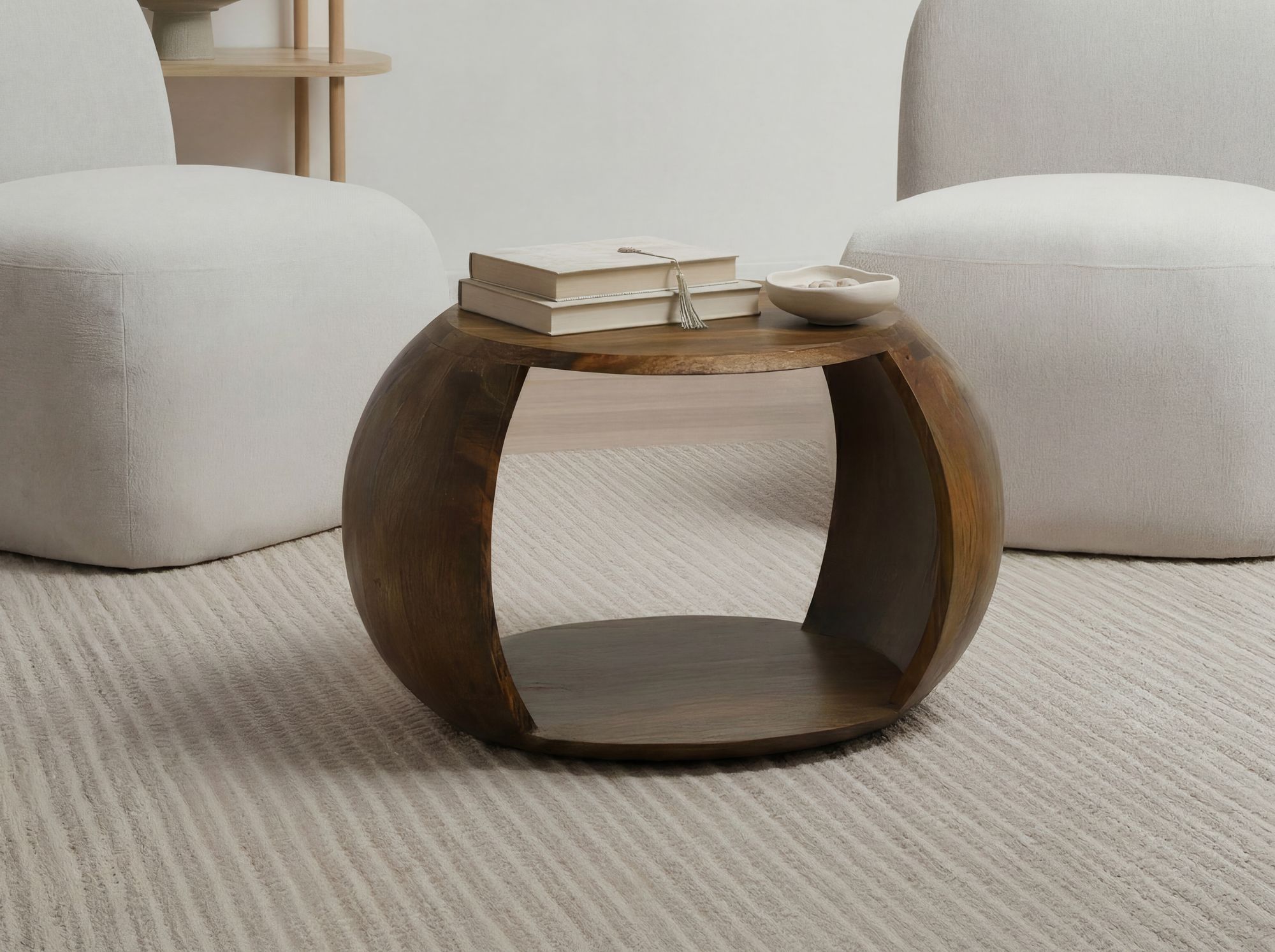 Couchtisch Mango Massivholz rund 60 cm Wohnzimmertisch Ablagefach Landhaus – Ansicht 2