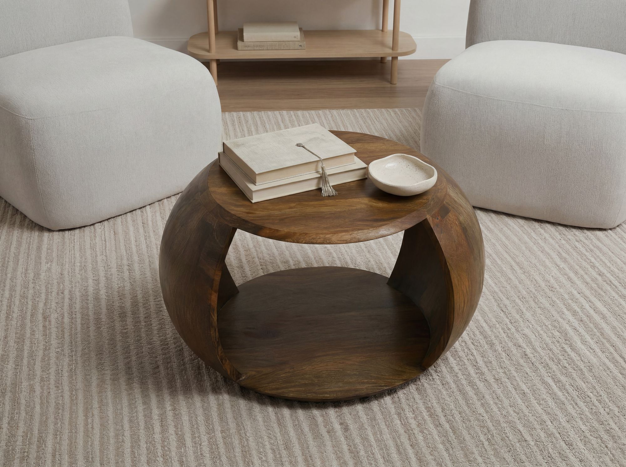 Couchtisch Mango Massivholz rund 60 cm Wohnzimmertisch Ablagefach Landhaus – Ansicht 4
