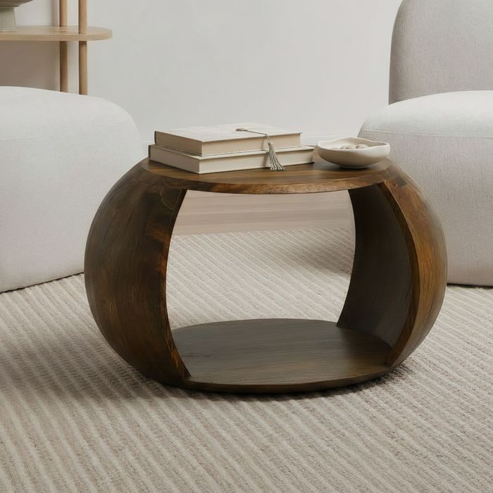 FineBuy Couchtisch Mango Massivholz rund 60 cm x 46 cm x 36 cm - Wohnzimmertisch mit Ablagefach - Handgefertigter Sofatisch aus Echtholz im natürlichen Landhaus Design