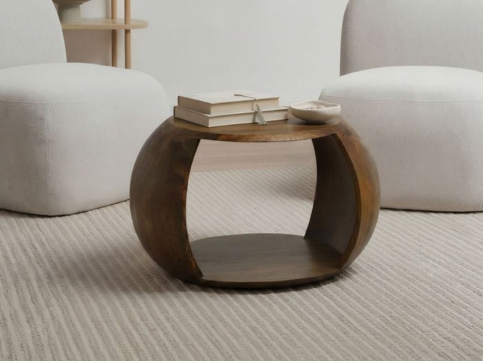 FineBuy Couchtisch Mango Massivholz rund 60 cm x 46 cm x 36 cm - Wohnzimmertisch mit Ablagefach - Handgefertigter Sofatisch aus Echtholz im natürlichen Landhaus Design
