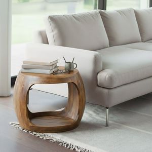 FineBuy Beistelltisch 50cm Mango Massivholz rund mit Ablagefach - Couchtisch Echtholz handgefertigt, Wohnzimmertisch im Naturdesign Handmade