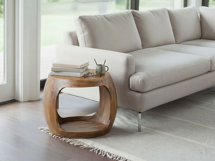 FineBuy Beistelltisch 50cm Mango Massivholz rund mit Ablagefach - Couchtisch Echtholz handgefertigt, Wohnzimmertisch im Naturdesign Handmade