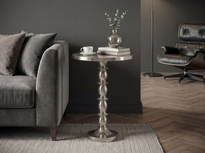 FineBuy Beistelltisch Silber 40cm Aluminium Tisch Rund - Anstelltisch Raw Finish - Design Wohnzimmertisch Dekotisch - Metalltisch Orientalisch Modern - Sofatisch Couchtisch Handmade