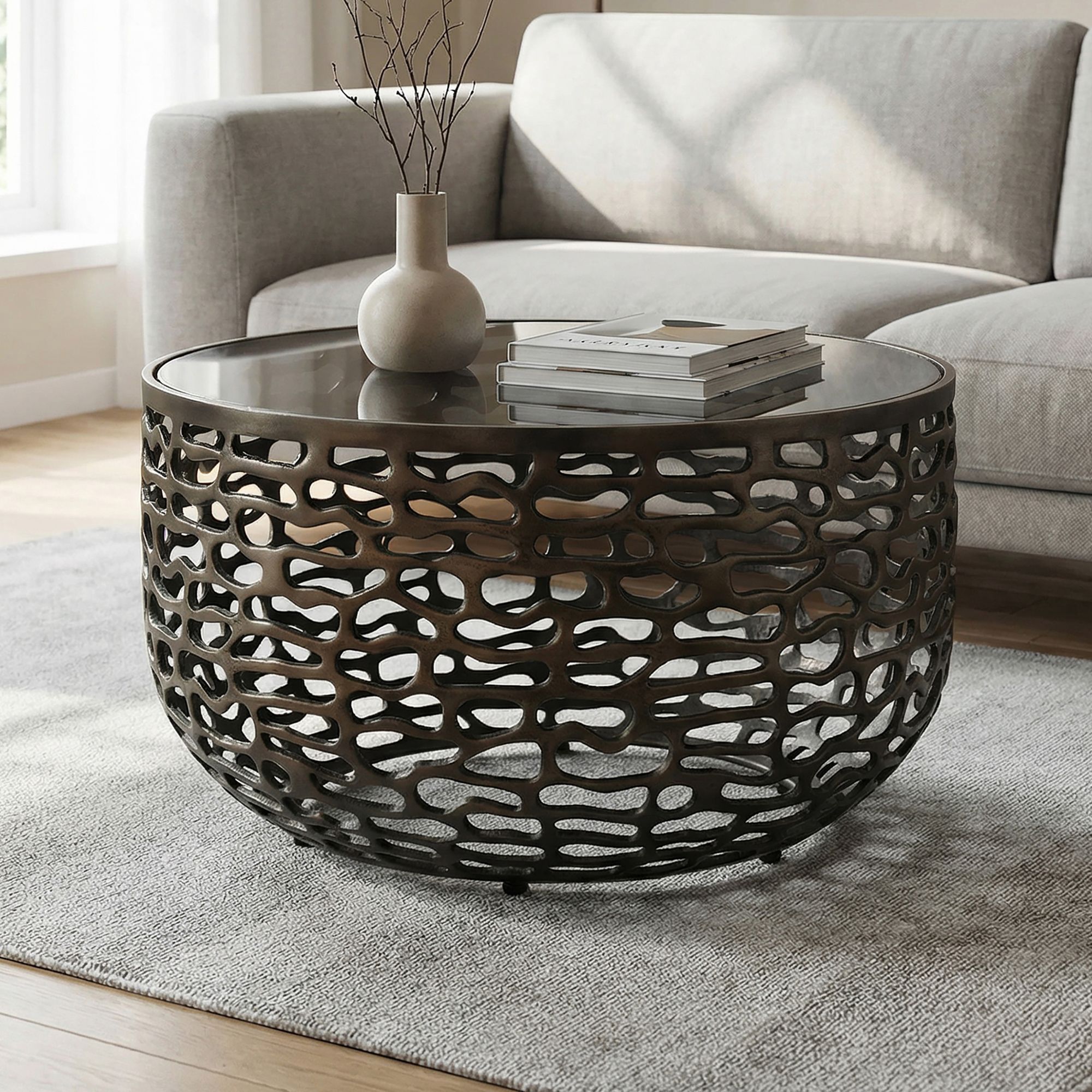 Couchtisch 60cm Alu Sofatisch Glas Wohnzimmertisch Beistelltisch Rund Metall – Ansicht 1