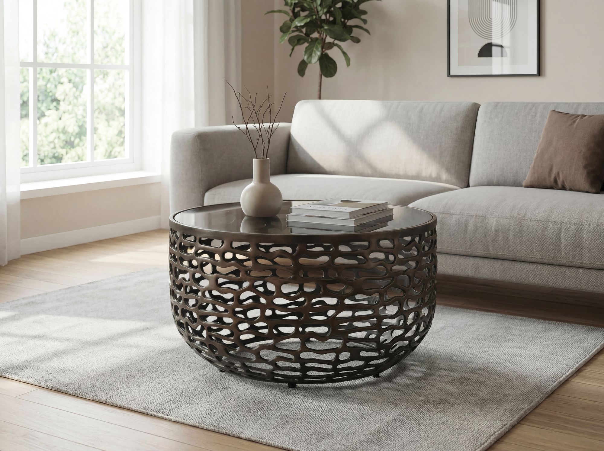 Couchtisch 60cm Alu Sofatisch Glas Wohnzimmertisch Beistelltisch Rund Metall – Ansicht 2