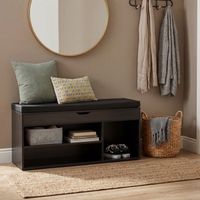 Schuhbank 104 cm Garderobenbank Sitzbank Stoff Flurbank Schwarz Klein Truhenbank – Ansicht 1