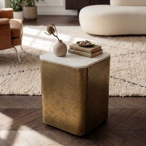 FineBuy Beistelltisch Metall mit weißer Marmor Tischplatte 33cm quadratisch - Moderner Anstelltisch - Design Sofatisch - Loungetisch Couchtisch - Edler Wohnzimmertisch Handmade