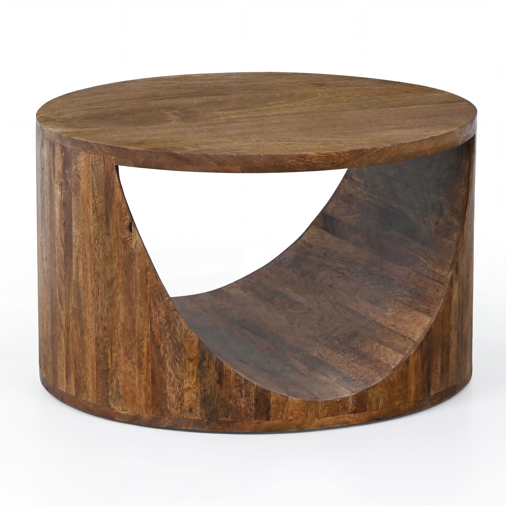 FineBuy Couchtisch Mango Massivholz Rund 60cm - Design Wohnzimmertisch mit Ablagefach - Ausgefallener Sofatisch Holz - Loungetisch Zylinder - Natur Beistelltisch Handmade