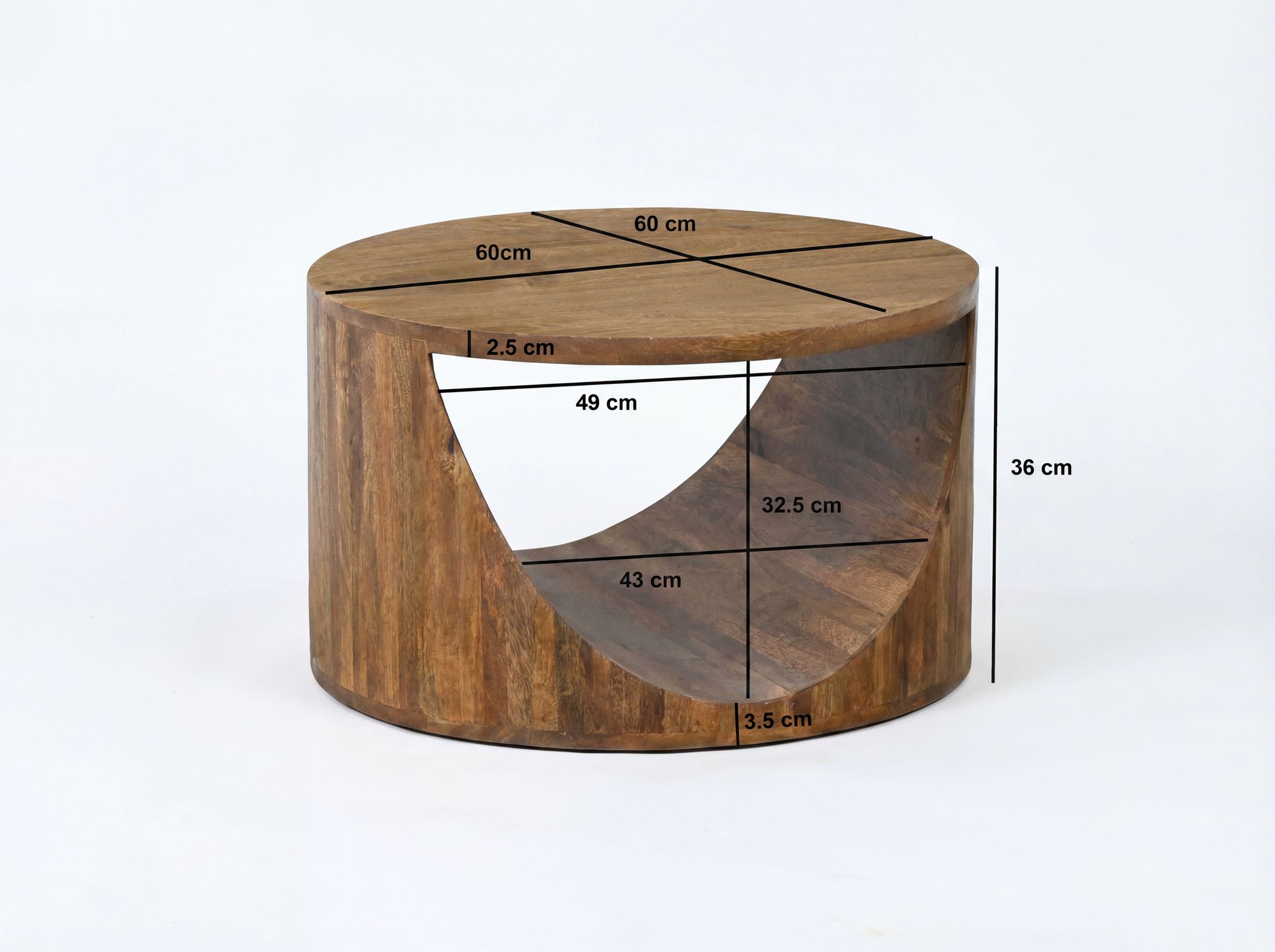 Couchtisch Massivholz rund 60cm Wohnzimmertisch Sofatisch Beistelltisch Ablage – Ansicht 3