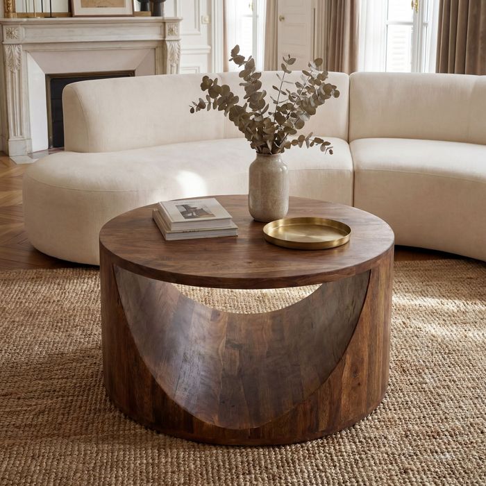 FineBuy Couchtisch Mango Massivholz Rund 60cm - Design Wohnzimmertisch mit Ablagefach - Ausgefallener Sofatisch Holz - Loungetisch Zylinder - Natur Beistelltisch Handmade