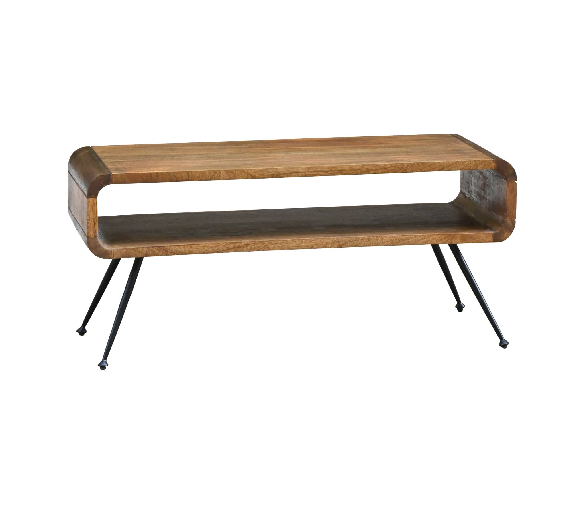 FineBuy Couchtisch Mango Massivholz Metall 105cm - Design Wohnzimmertisch mit Ablagefach - Rechteckiger Sofatisch Retro - Loungetisch Holz - Natur Beistelltisch Handmade