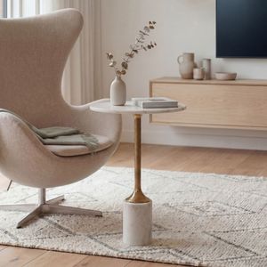 FineBuy Beistelltisch Metall mit weißer Marmor Tischplatte 37cm rund - Moderner Anstelltisch - Design Sofatisch - Loungetisch Couchtisch - Edler Wohnzimmertisch Handmade