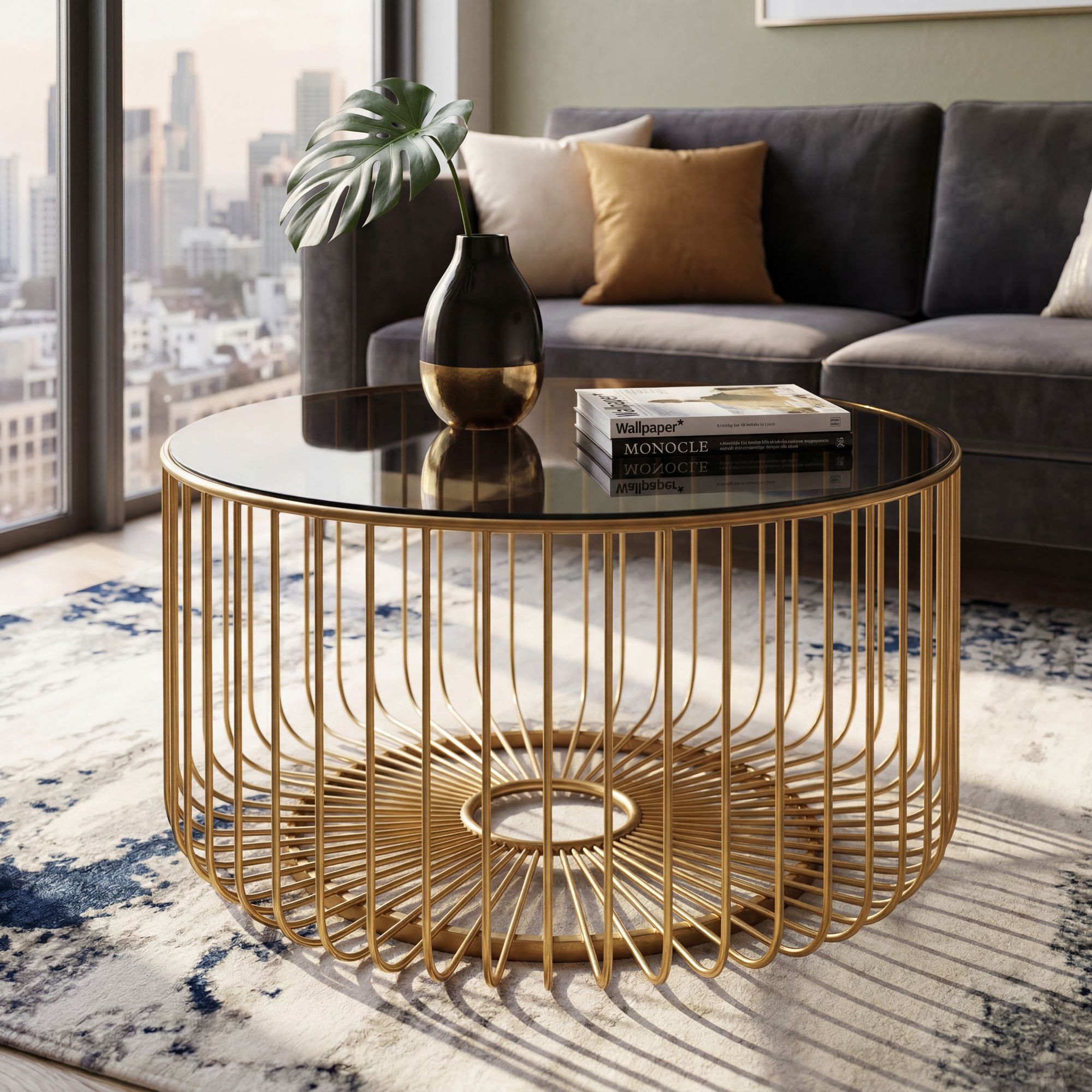Couchtisch 60cm Sofatisch Metall Glas Wohnzimmertisch Beistelltisch Rund Gold – Ansicht 1