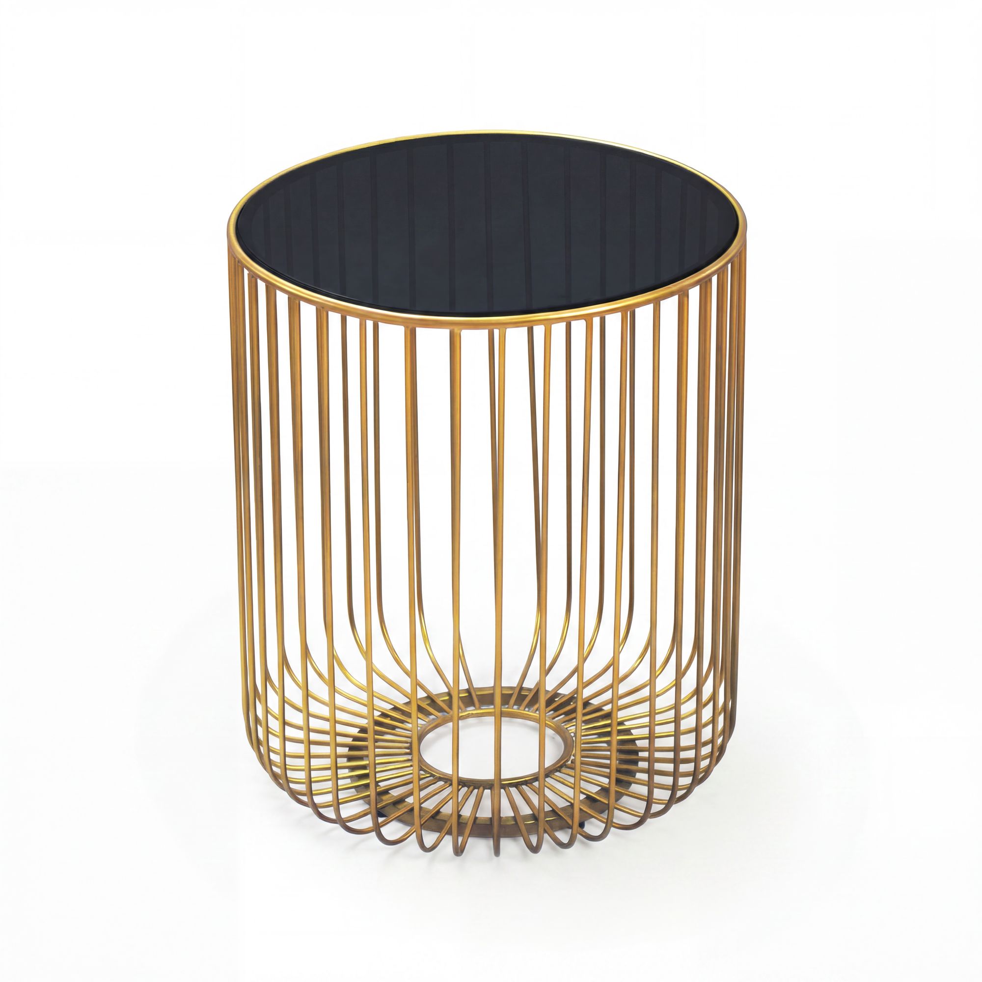 FineBuy Beistelltisch Glas Metall 40cm Gold Rund - Moderner Anstelltisch - Design Sofatisch Couchtisch Drahtkorb - Loungetisch mit Gittergestel - Runder Wohnzimmertisch Klein Handmade