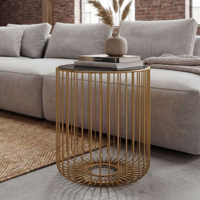 FineBuy Beistelltisch Glas Metall 40cm Gold Rund - Moderner Anstelltisch - Design Sofatisch Couchtisch Drahtkorb - Loungetisch mit Gittergestel - Runder Wohnzimmertisch Klein Handmade