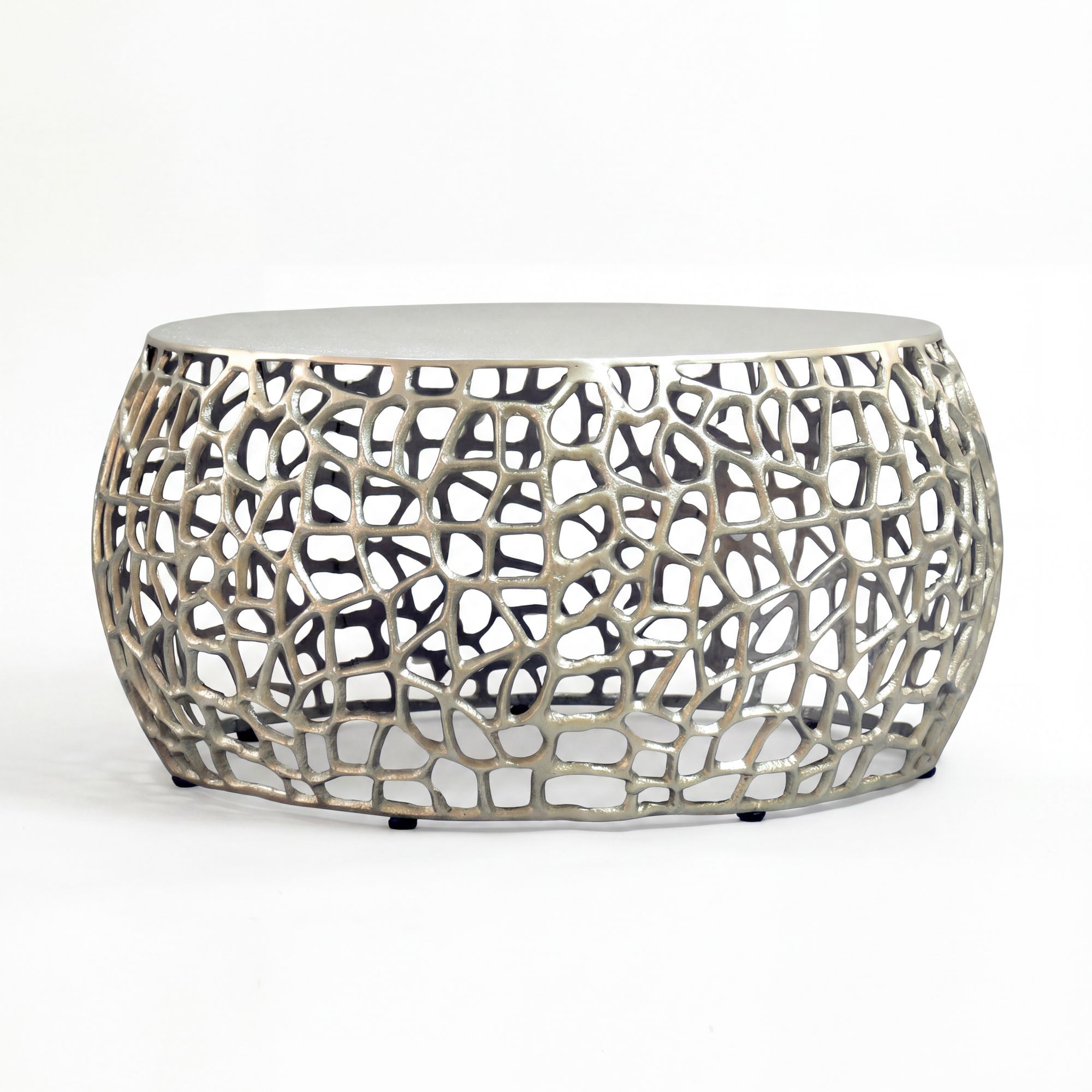 FineBuy Couchtisch Metall Silber 60cm Sofatisch Aluminium Rund - Design Wohnzimmertisch mit Ast Struktur - Kleiner Kaffeetisch Modern - Beistelltisch Anstelltisch Wohnzimmer Handmade