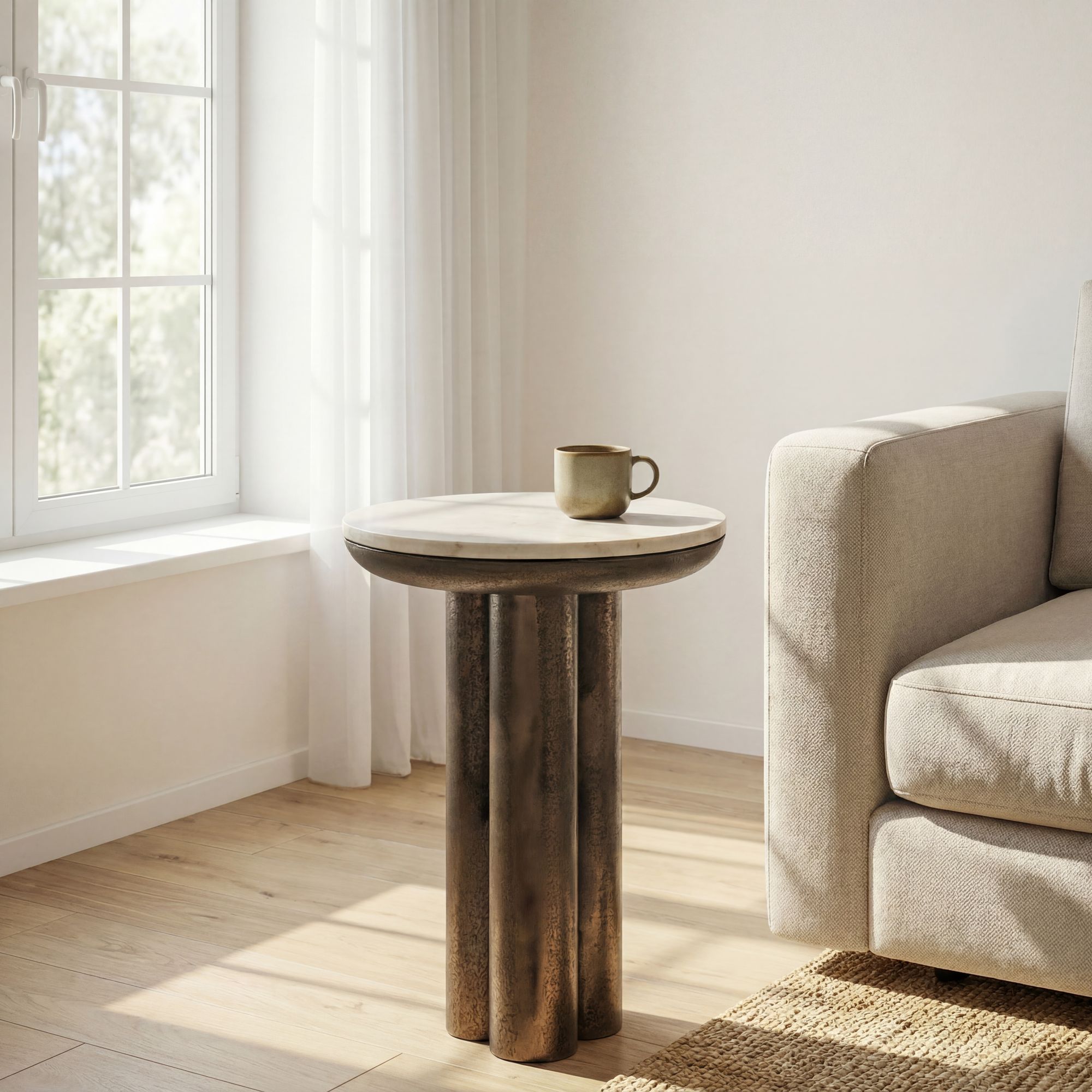 Beistelltisch 36cm mit Marmor Platte weiß Wohnzimmertisch Couchtisch Metall Rund – Ansicht 1