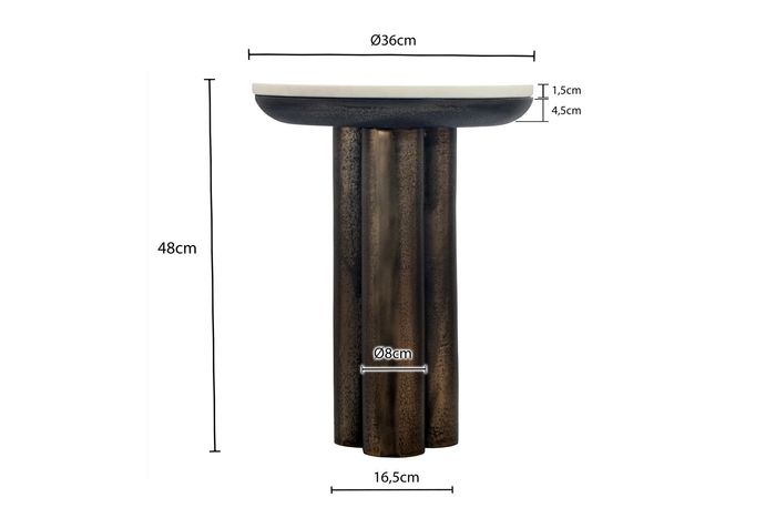 Beistelltisch 36cm mit Marmor Platte weiß Wohnzimmertisch Couchtisch Metall Rund – Maßzeichnung