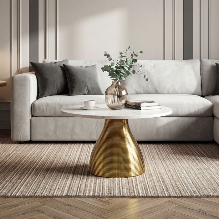 Couchtisch 60cm mit Marmor Platte Wohnzimmertisch Beistelltisch Metall Alu Rund