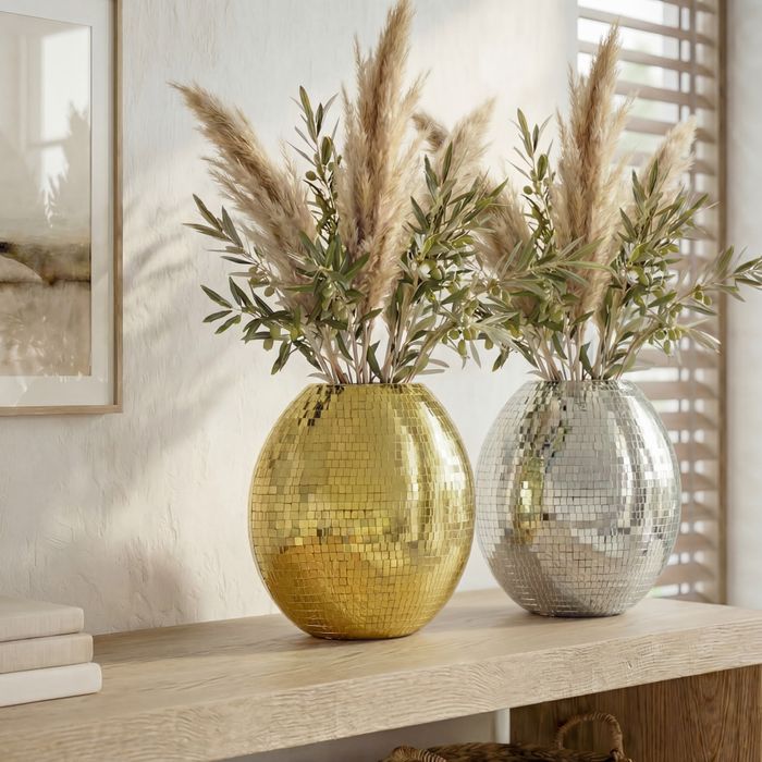 FineBuy Tischvase Metall 40cm - Dekovase Mosaik rund - Vase modern - Wohnzimmer Deko - Design Vase flach Tisch Dekoration Handmade