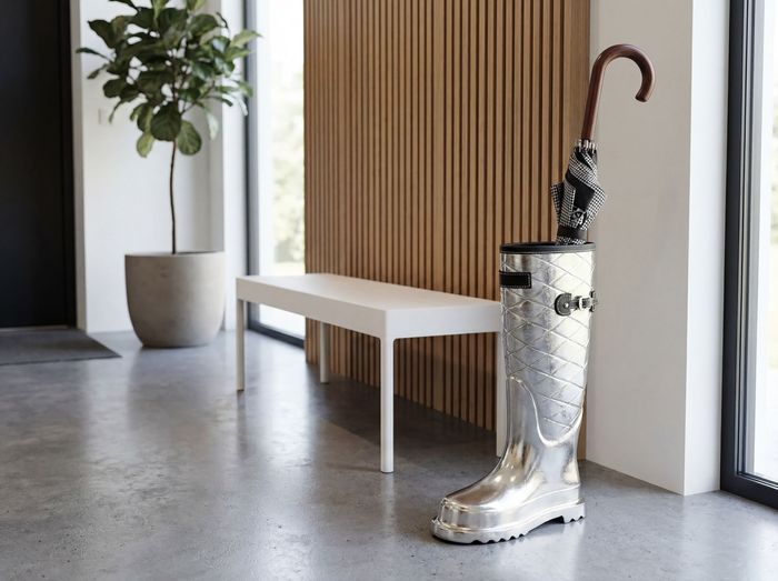 FineBuy Schirmständer Aluminium Silber 44cm Stiefel Form - Design Regenschirmständer - Ausgefallener Alu Schirmhalter - Moderne Flur Schirmaufbewahrung Handmade