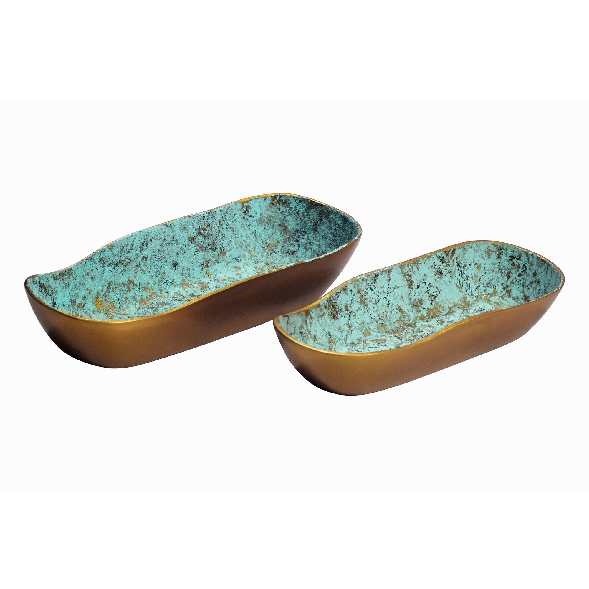 FineBuy Dekoschale 2er Set Aluminium Gold Patina Oval - Design Schale Metall Lebensmittelecht - Moderne Tischdeko - Metallschale Dekoration Vintage - Deko Wohnaccessoire Extravagant Handmade