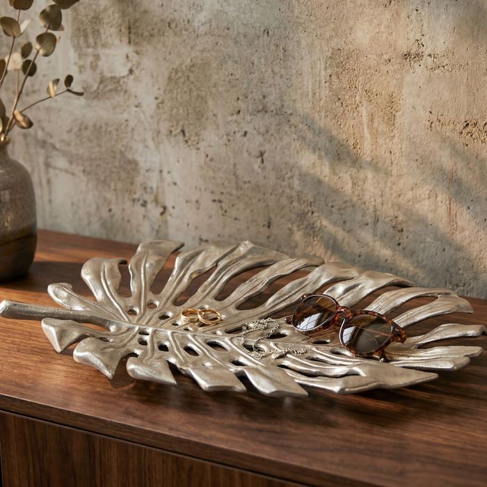 Dekoschale Metall 36cm Blatt Standdeko Design Tischdeko Obstschale Deko Alu